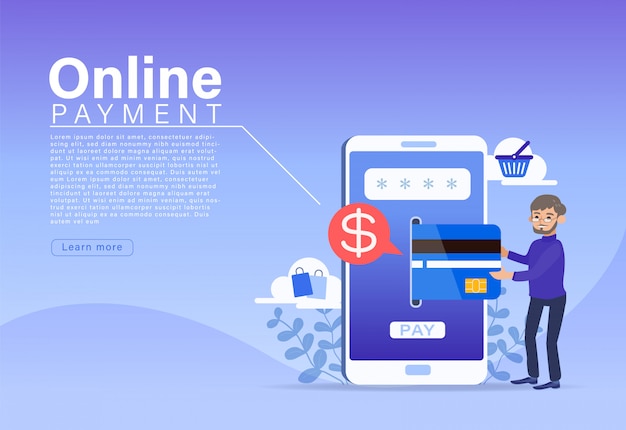 Vetor conceito de pagamento on-line, caráter de pessoas fazendo o pagamento com cartão de crédito em smartphone.