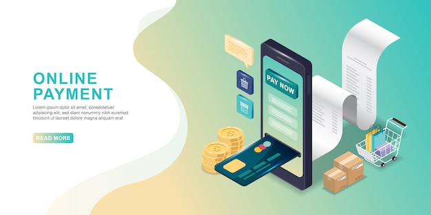 Vetor conceito de pagamento on-line. pagamento móvel ou transferência de dinheiro com smartphone isométrico. mercado de comércio eletrônico, compras on-line.