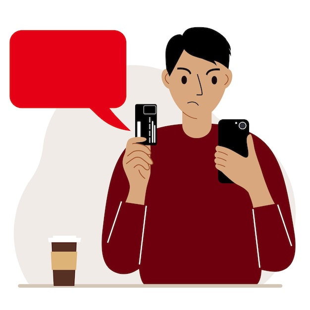 Conceito de pagamento online. um homem segura um telefone em uma das mãos e um celular na outra. compras online usando um telefone celular. ilustração em vetor plana