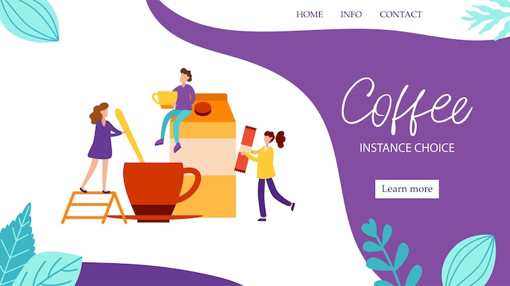 Vetor conceito de página de destino com personagens de fazer café da manhã com leite para bom humor em estilo simples. acorde a ilustração vetorial com pessoas minúsculas para o banner da web.