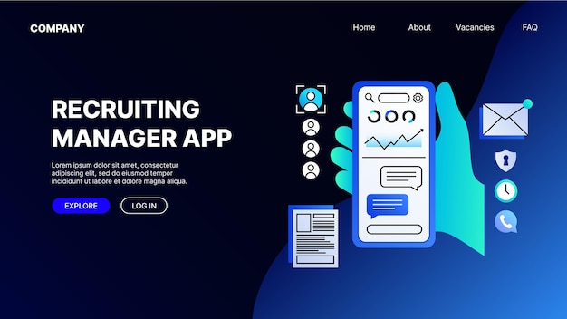 Vetor conceito de página de destino da ilustração de recrutamento aplicativo de gerente de recrutamento