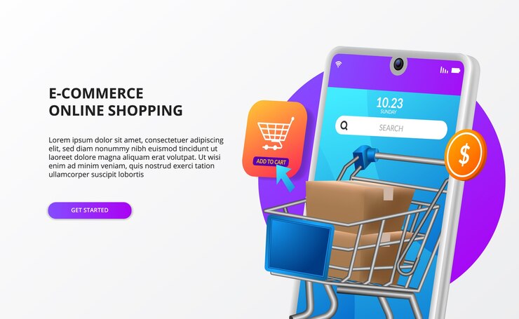 Vetor conceito de página de destino de compra on-line para comércio eletrônico móvel promoção de marketing digital ilustração 3d de telefone com carrinho de carrinho de pacote