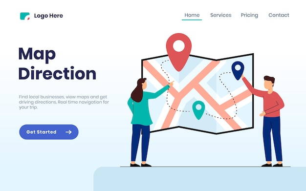 Vetor conceito de página de destino de direção do mapa com duas pessoas pesquisando um local