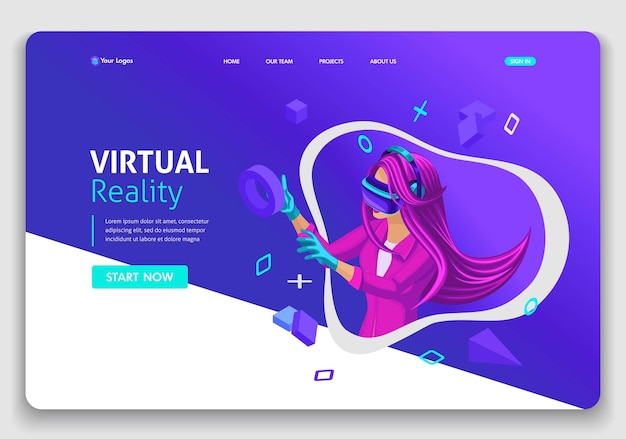 Conceito de página de destino isométrica de site de modelo vr conceito de realidade virtual menina óculos aumentados. fácil de editar e personalizar.