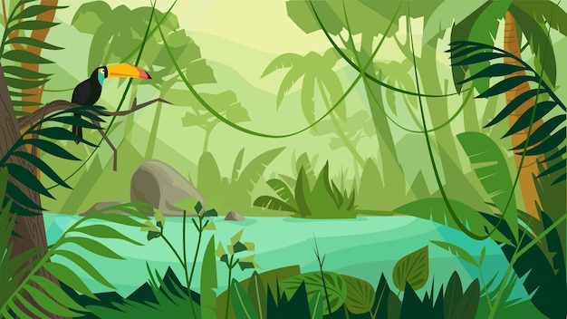 Conceito de paisagem de floresta de selva em design plano dos desenhos animados. Tucano senta-se no galho, cena com rio, diferentes tipos de árvores e plantas. Vista panorâmica da vida selvagem. Fundo horizontal da ilustração vetorial