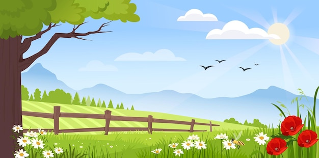 Conceito de paisagem de primavera belo panorama natural com cerca e árvore primavera e cena de dia de verão gramado com flores vermelhas e brancas poster ou banner cartoon ilustração vetorial plana