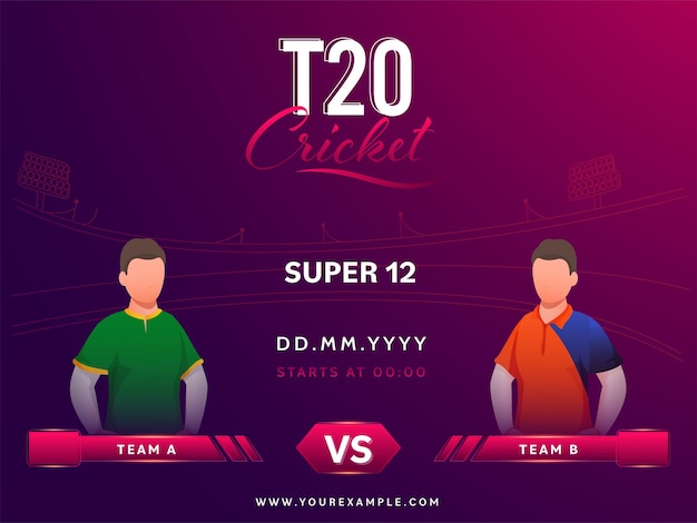 Conceito de partida de críquete Super 12 T20 com jogadores de críquete sem rosto da equipe participante A VS B em fundo gradiente roxo e vermelho