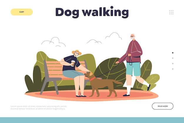 Conceito de passeio de cachorro do conceito de pouso com idosos no parque com cachorro