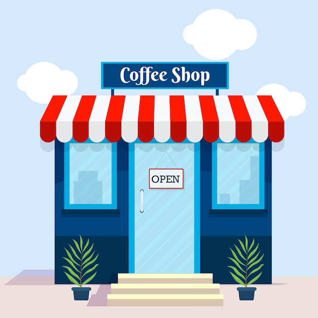 Conceito de pequena empresa com fachada de inicialização de cafeteria e compras na vitrine de vendas