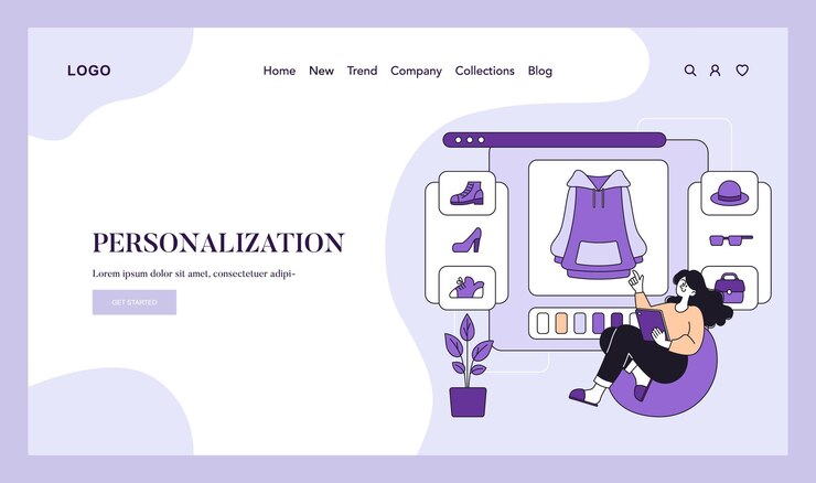 Vetor conceito de personalização experiência de compras on-line com uma mulher personalizando produtos em um digital