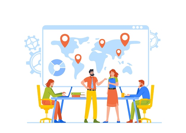 Conceito de pesquisa e marketing com equipe criativa, homens e mulheres, projetando e discutindo novo projeto