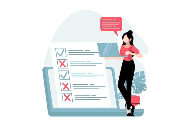 Conceito de pesquisa online com cena de pessoas em design plano Mulher marcando respostas no questionário preenche formulário de votação deixando sua experiência de usuário Ilustração vetorial com situação de personagem para web