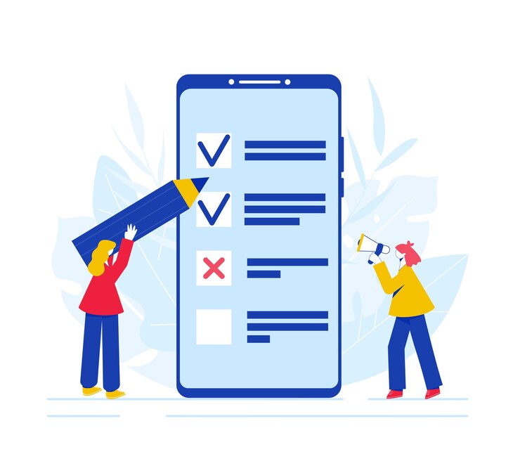 Vetor conceito de pesquisa online. mulheres passando pela pesquisa na tela do smartphone e falando no alto-falante.