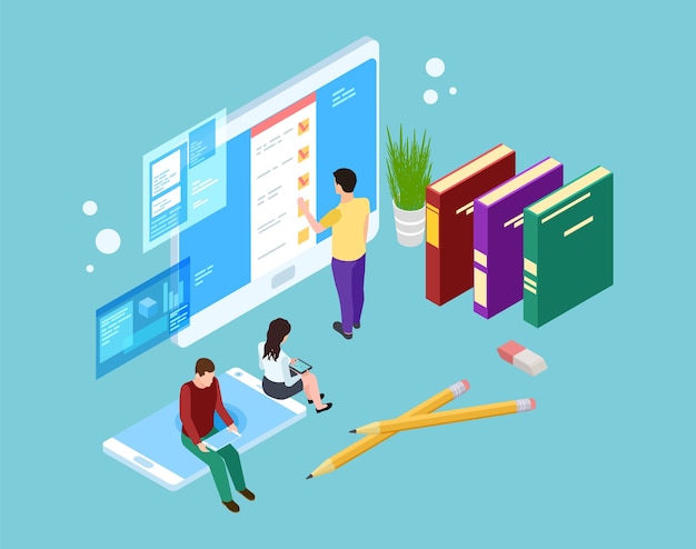 Conceito de pesquisa online. Pessoas isométricas avaliam serviços em telas de laptop, tablet e smartphone. Pessoas e dispositivos 3d do vetor. Pesquisa de feedback de ilustração online, avaliação de avaliação do cliente