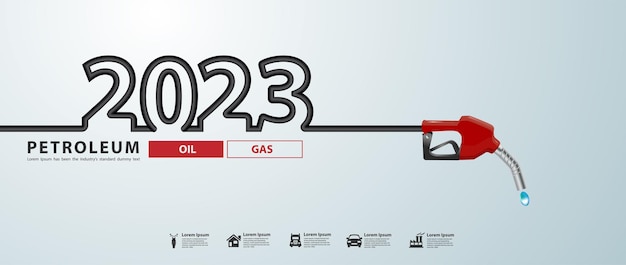 Conceito de petróleo de ano novo de 2023 com design criativo de bico de bomba de gasolina Sinal de posto de gasolina com óleo e gás de energia elétrica Ilustração vetorial modelo de layout moderno