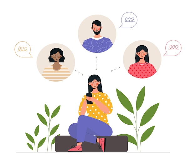 Conceito de planejamento de férias de verão mulher com se comunicar com amigos em redes sociais e