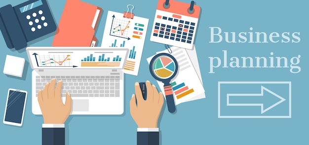 Vetor conceito de planejamento de negócios empresário na mesa com gráficos de gráficos de laptop analisando estratégia de projeto desenvolvimento de pesquisa gestão financeira pesquisa de marketing estatística solução vector