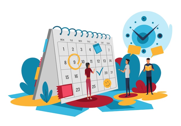 Conceito de planejamento de pessoas Planejamento de empreendedorismo e calendário com campanha de preenchimento de curso Reunião de negócios e eventos que organizam escritório de processo trabalhando Ilustração vetorial isométrica