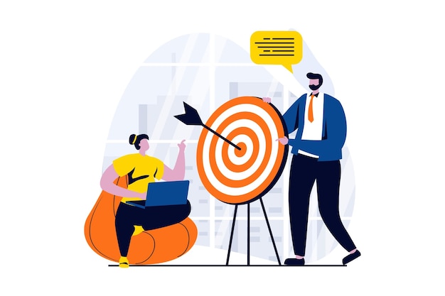 Conceito de planejamento estratégico com cena de pessoas em design de desenho animado plano Homem e mulher discutem tarefas de trabalho visando desenvolvimento de negócios e lançamento de inicialização Ilustração vetorial história visual para web