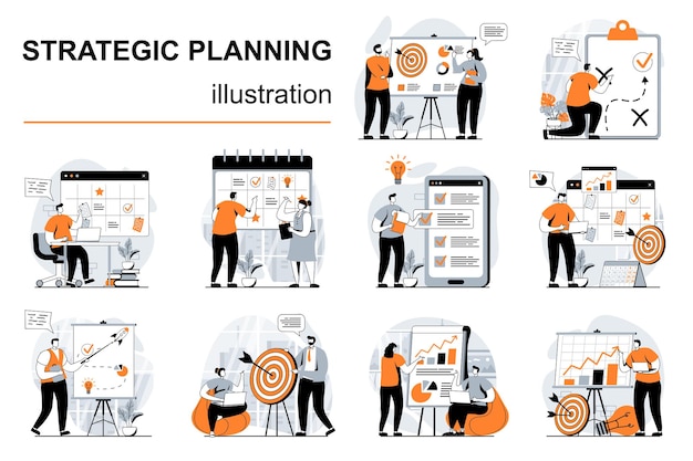 Vetor conceito de planejamento estratégico com cenas de pessoas em design plano histórias visuais de ilustração vetorial