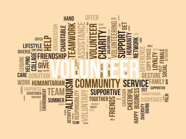 Vetor conceito de plano de fundo da nuvem de palavras para voluntários a comunidade de apoio à caridade ajuda a cuidar da ilustração vetorial do serviço de apoio humanitário