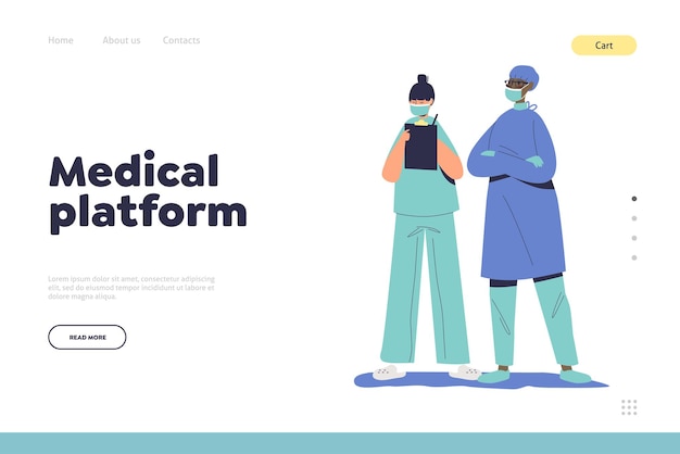 Conceito de plataforma médica da página de destino com médico e enfermeiro segurando cartão médico de patente