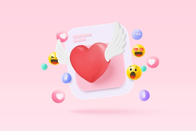 Vetor conceito de plataforma on-line de mídia social 3d comunicação social on-line em aplicativos moldura de foto com ícone de coração e amor emoji como e jogar em ícones de bolha vermelha conceito de renderização de vetor de coração 3d