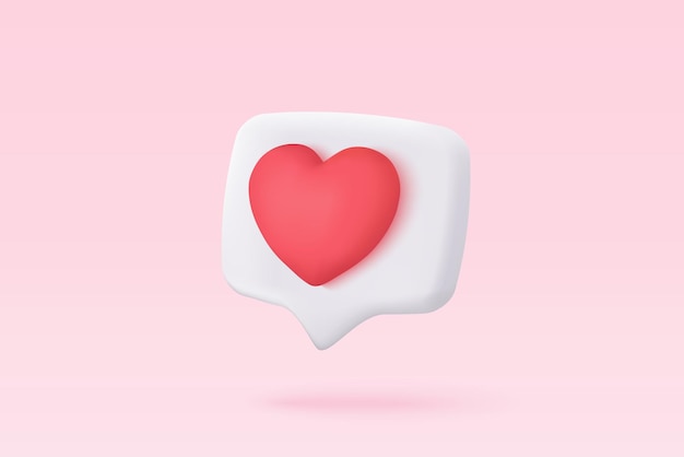 conceito de plataforma on-line de mídia social 3D comunicação social on-line em aplicativos Molduras para fotos com ícone de emoji de coração e amor como e jogar em ícones de bolha vermelha conceito de renderização de vetor de coração 3d