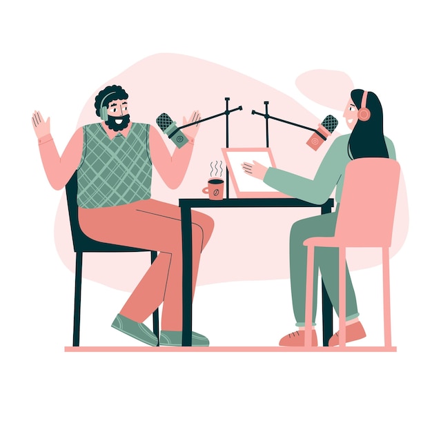 Conceito de podcast com personagens criados por duas pessoas ilustração de estilo plano ilustração vetorial desenhada à mão