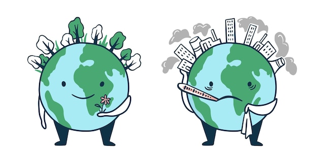 Conceito de poluição do planeta terra triste e doente e nosso planeta saudável antes e depois