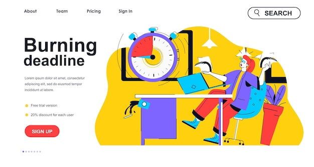 Conceito de prazo ardente para modelo de página de destino Mulher irritada não conclui a tarefa de trabalho Cena de pessoas de gerenciamento de tempo de estresse do escritório Ilustração vetorial com design de personagem plano para banner da web