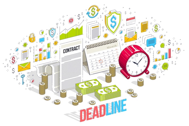 Conceito de prazo, relógio de mesa e calendário com pilhas de dinheiro e pilhas de moedas isoladas em branco. ilustração isométrica de finanças vetor 3d com ícones, gráficos de estatísticas e elementos de design.