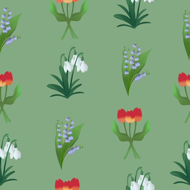 Vetor conceito de primavera padrão uniforme de desenho animado plano com tulipas snowdrops e bluebells