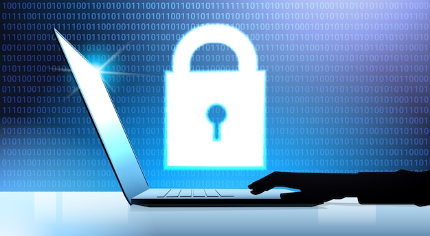 conceito de privacidade de proteção de dados de cadeado de laptop de mão humana