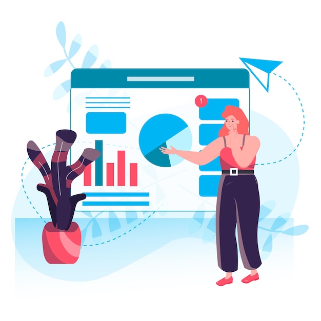 Conceito de processo de negócios. Mulher analisa dados, faz apresentação com relatório de estatísticas financeiras. cena de personagem de estratégia de marketing. Ilustração vetorial em design plano com atividades pessoais