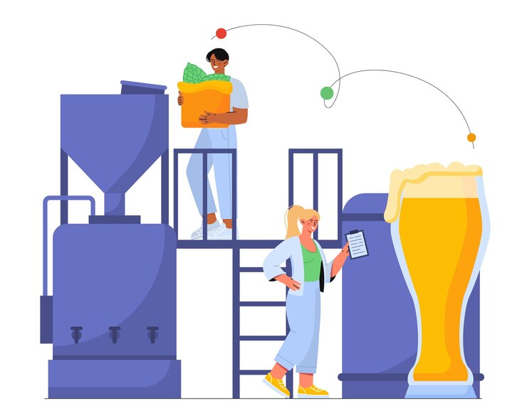 Vetor conceito de produção de cerveja artesanal homem e mulher com caixa de lúpulo e vidro perto de fábrica de álcool alcoólico