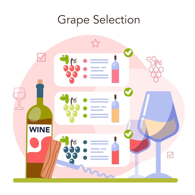 Vetor conceito de produção de vinho seleção e cultivo de uva