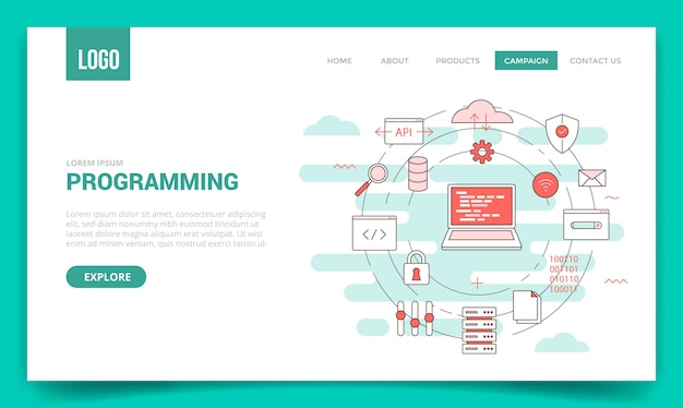 Conceito de programação com ícone de círculo para modelo de site