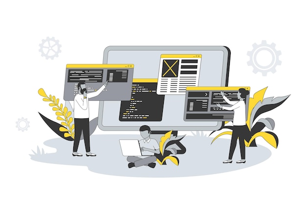Conceito de programação de computador em design de linha plana As pessoas criam código de escrita de software e trabalho de scripts