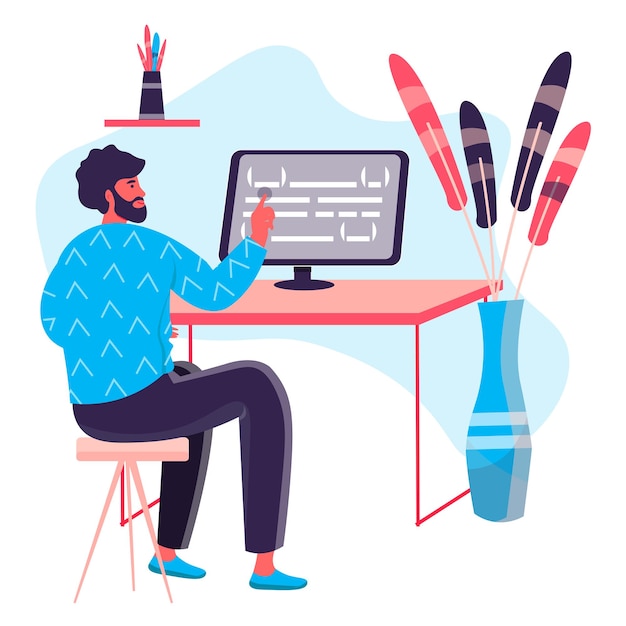 Conceito de programação e desenvolvimento de software. o desenvolvedor otimiza o código do programa no computador, o programador trabalha na cena do personagem do escritório. ilustração vetorial em design plano com atividades pessoais