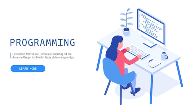 Conceito de programação mulher programadora no trabalho web banner vector illustrationxa