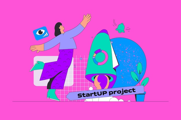 Vetor conceito de projeto de startup em design plano moderno para web mulher empresária criando e lançando um novo negócio investindo na empresa ilustração vetorial para material de marketing de banner de mídia social