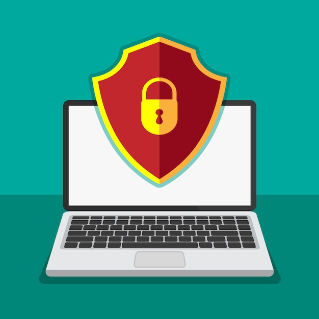 Conceito de proteção de arquivo. segurança de dados e tecnologia de privacidade em uma tela de computador. informações confidenciais seguras. laptop com escudo vermelho em uma tela. ilustração.