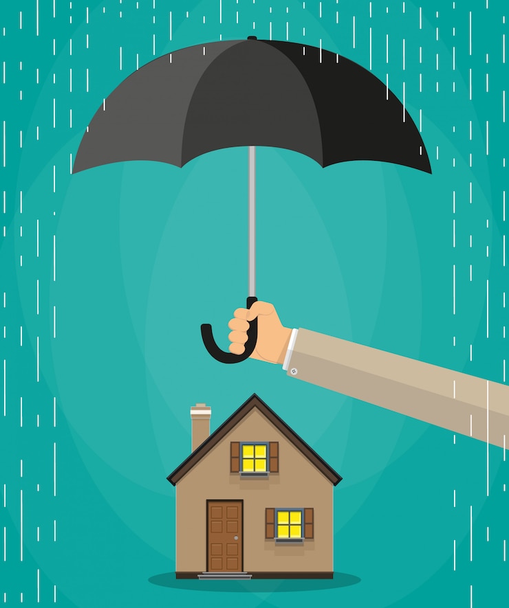 Vetor conceito de proteção de casa viva dos desenhos animados, mão de agente segurando o guarda-chuva sob chuva sobre casa.