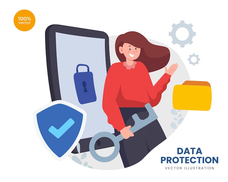 Vetor conceito de proteção de dados com a mulher de negócios para tecnologia de segurança com cadeado e escudo simbólico.