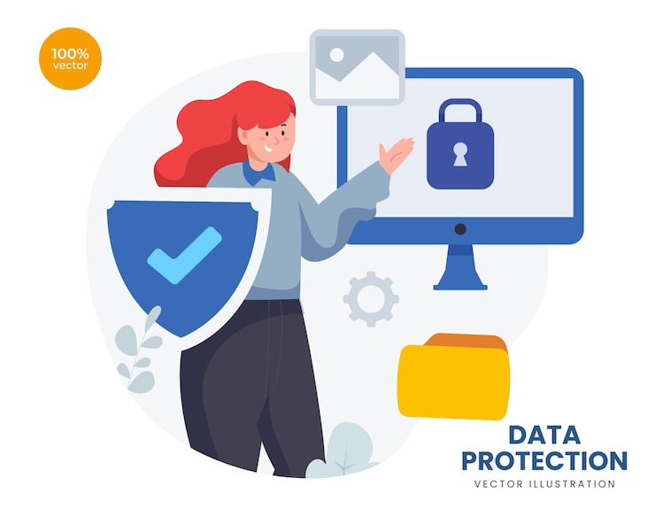Vetor conceito de proteção de dados com a mulher de negócios para tecnologia de segurança com cadeado e escudo simbólico.