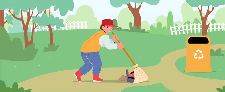 Vetor conceito de proteção de ecologia. menino voluntário varrendo terreno no parque coletando lixo para a lixeira