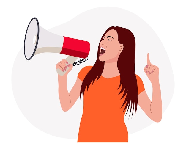 Vetor conceito de protesto mulher com alto-falante e mão levantada cartaz de ilustração vetorial