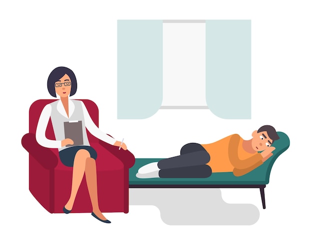 Conceito de psicoterapia. Paciente, homem com psicólogo. Ilustração plana colorida.