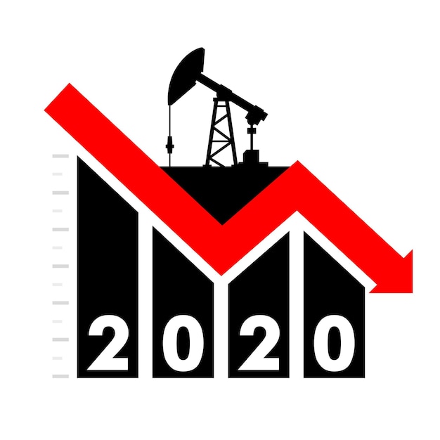 Conceito de queda dos preços mundiais do petróleo. Gráfico com uma seta vermelha para baixo, valor decrescente. ilustração vetorial